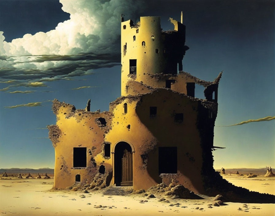 Surreal painting of crumbling yellow sandcastle in desert landscape