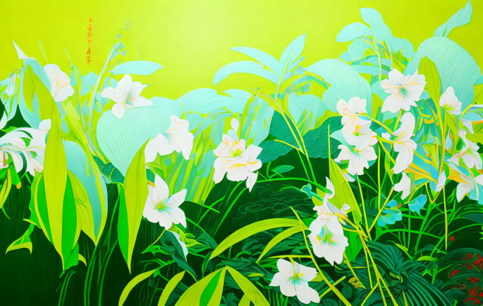 Lush Green Garden with White Flowers on Yellow Background