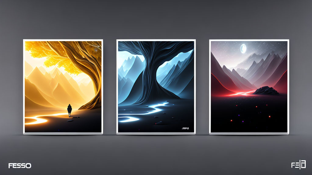 Three Framed Fantastical Landscape Art Pieces: Autumnal, Icy Blue Crevasse,