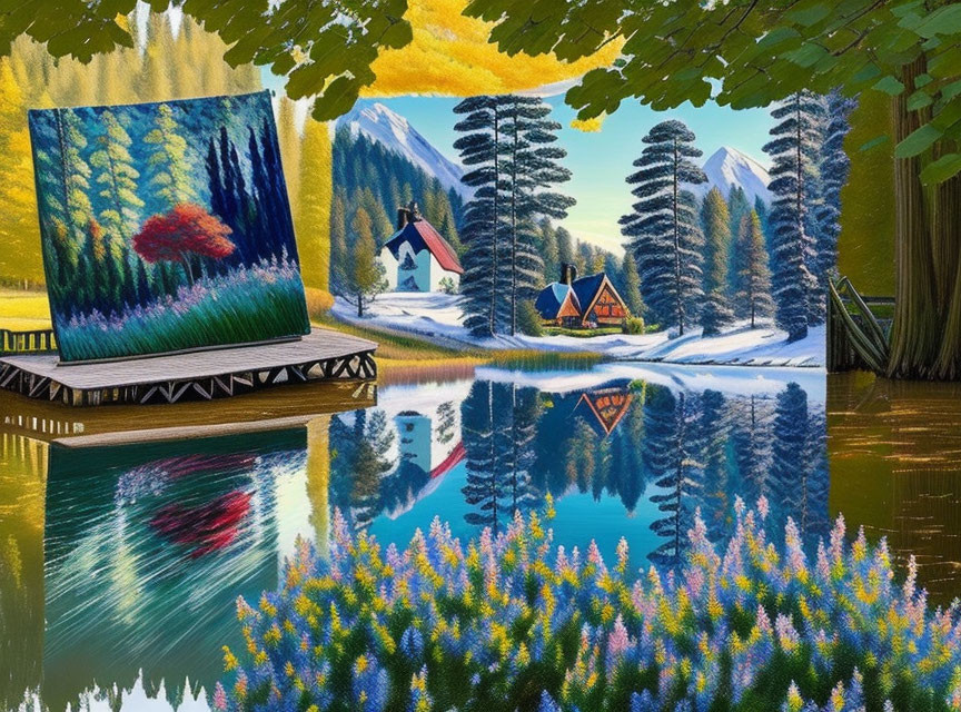 Scenic painting of serene lake, pine trees, and colorful flowers