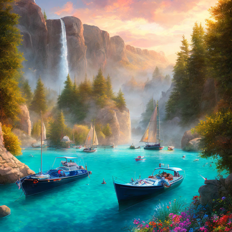 Tranquil river with sailboats, vibrant flora, cliffs, and waterfall