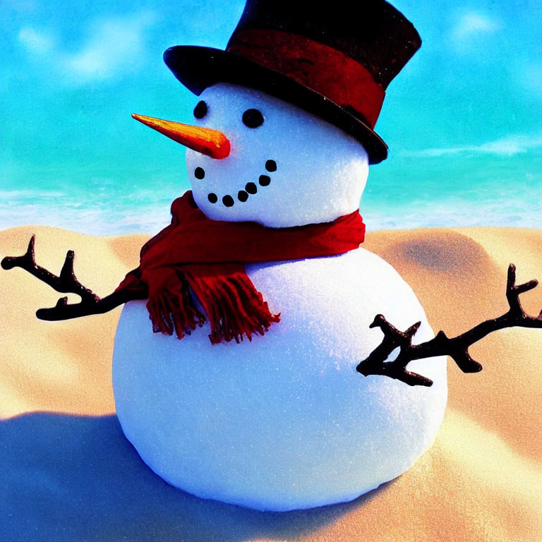 Cheerful snowman with carrot nose and top hat in snowy scene