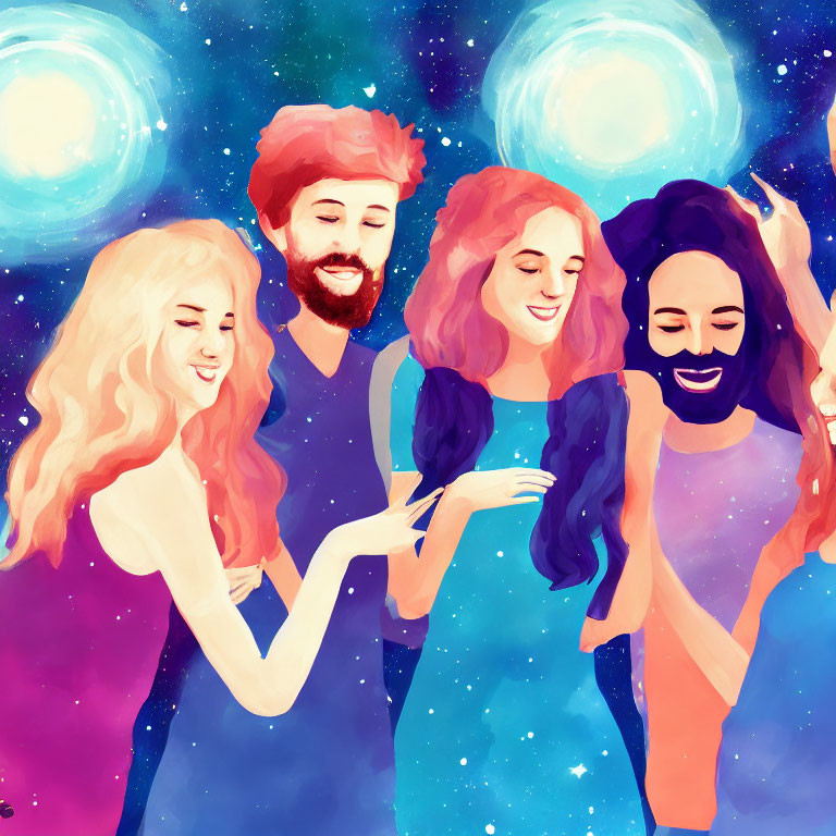 Four people in colorful cosmic scene with dreamy starry space ambiance