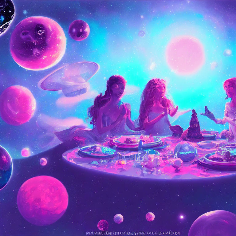 Cosmic-themed table with individuals and planets in dreamy purple space