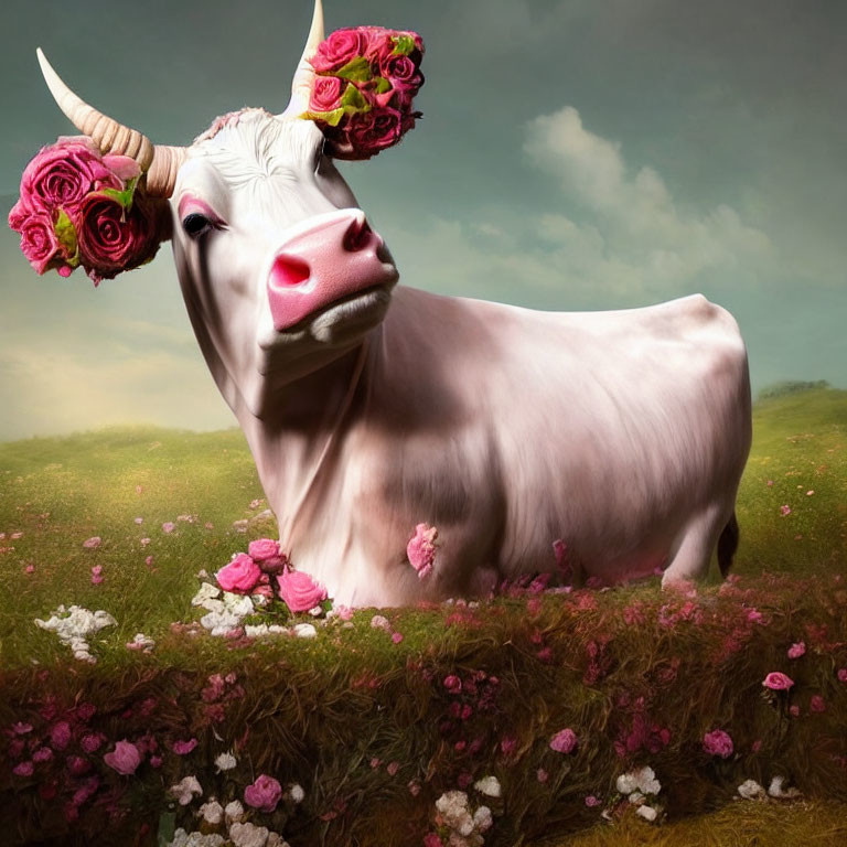 Cow with Pink Flowers in Lush Meadow Under Dreamlike Sky