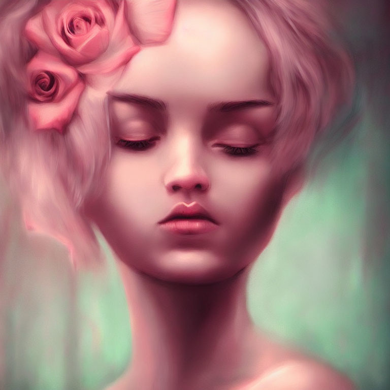 Digital painting of person with closed eyes and pink roses in hair on soft pink and green background