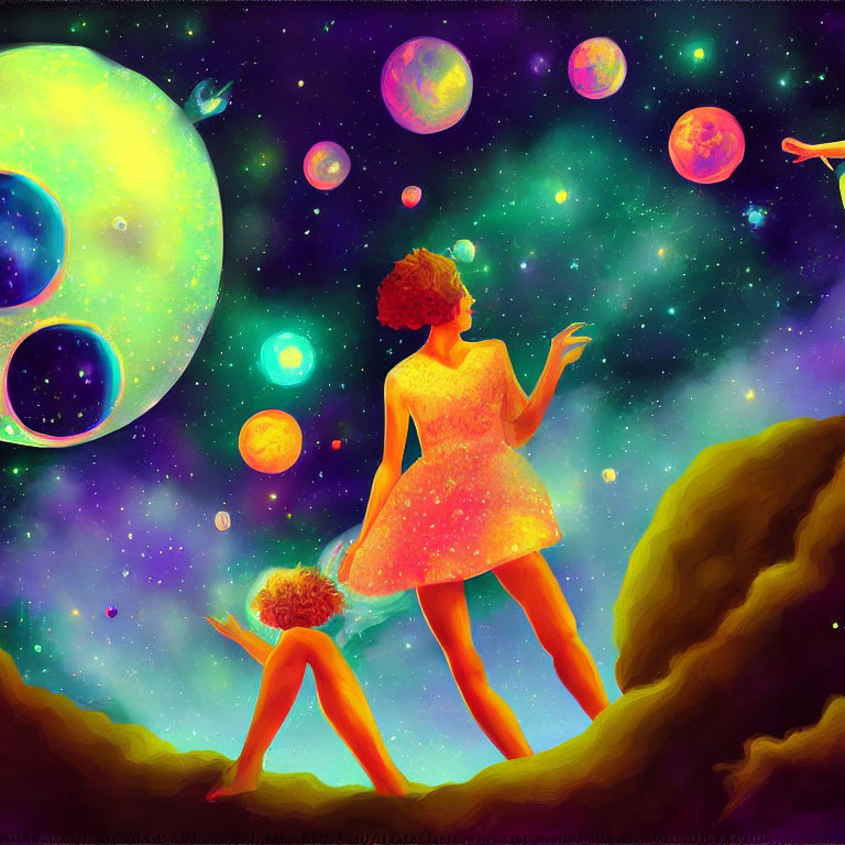 Colorful digital art: Woman in glittery dress reaching for planets and stars in cosmic scene