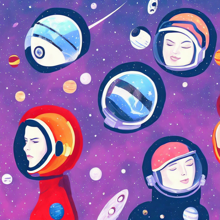 Stylized astronauts in helmets among planets on purple space background