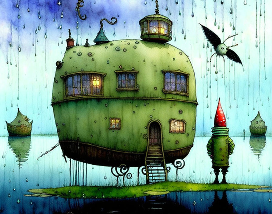 Whimsical round green house floating on water with lights, rain, boats, and red gnome hat