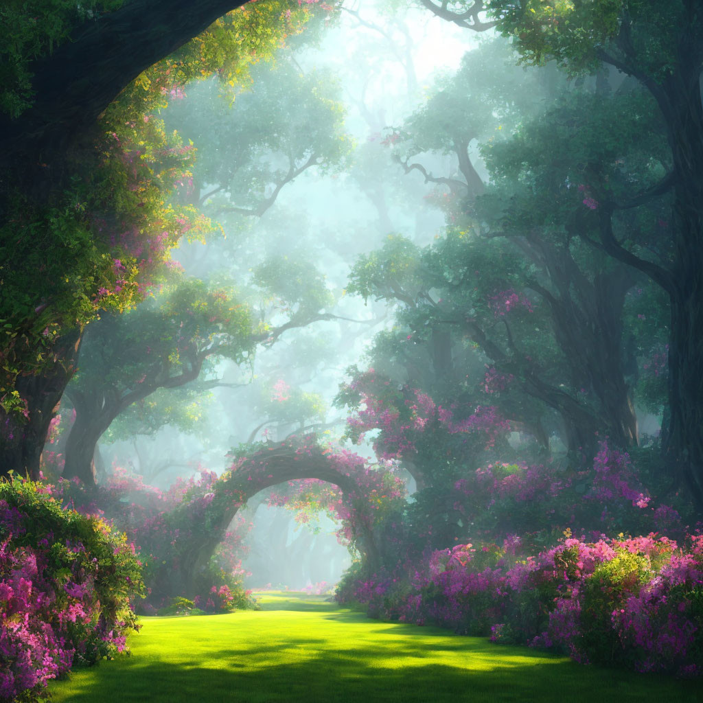 Misty forest with arch-shaped tree tunnel and pink flowers