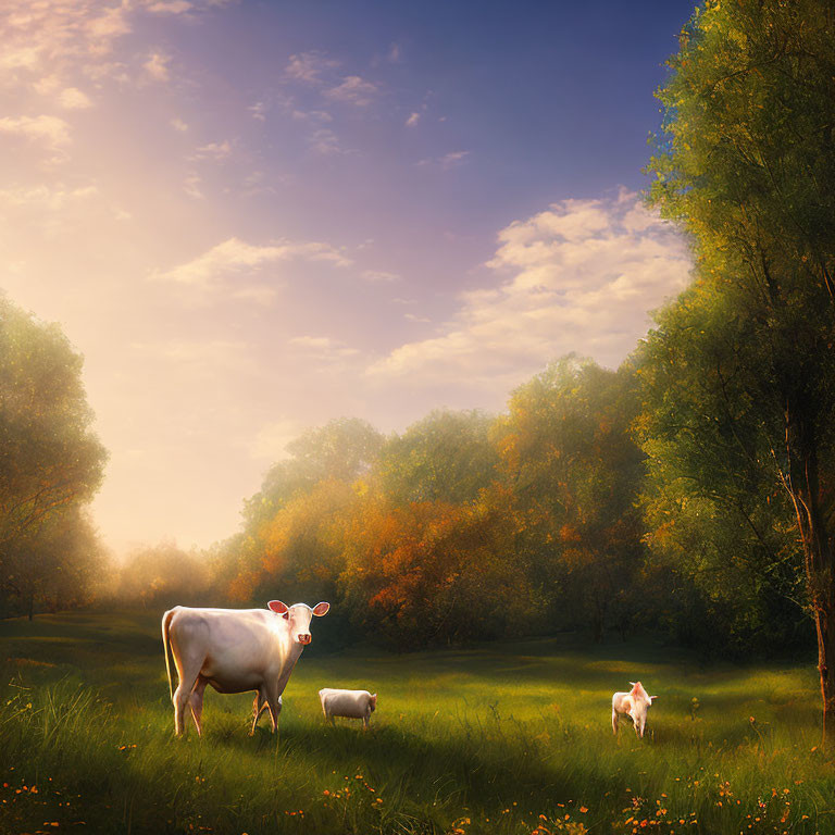 Tranquil landscape with white cow and calves in sunlit autumn meadow