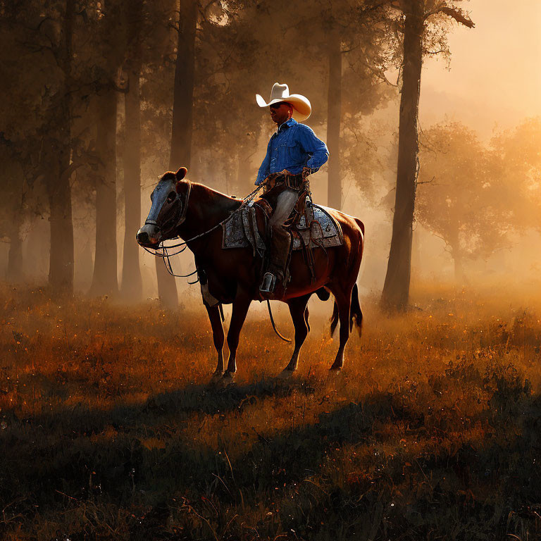 Cowboy on horseback in forest with sunlight filtering through mist