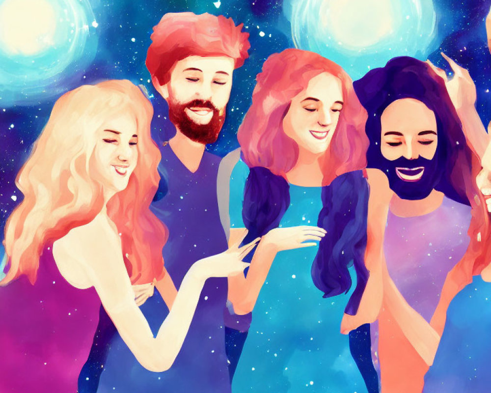 Four people in colorful cosmic scene with dreamy starry space ambiance