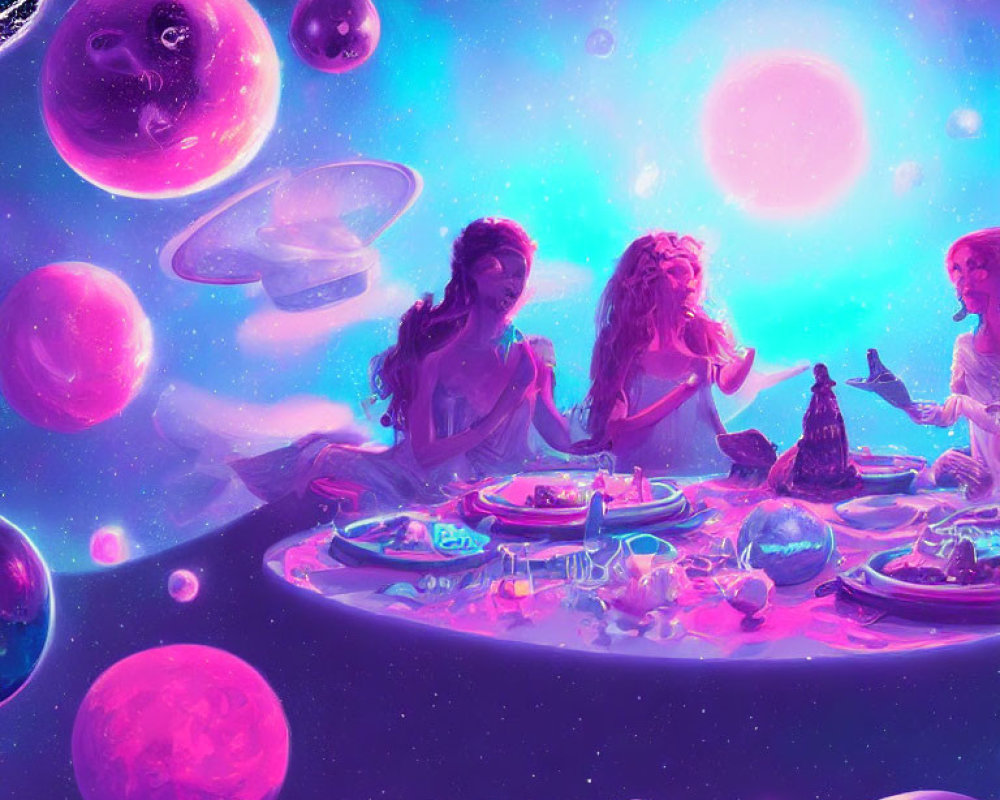 Cosmic-themed table with individuals and planets in dreamy purple space