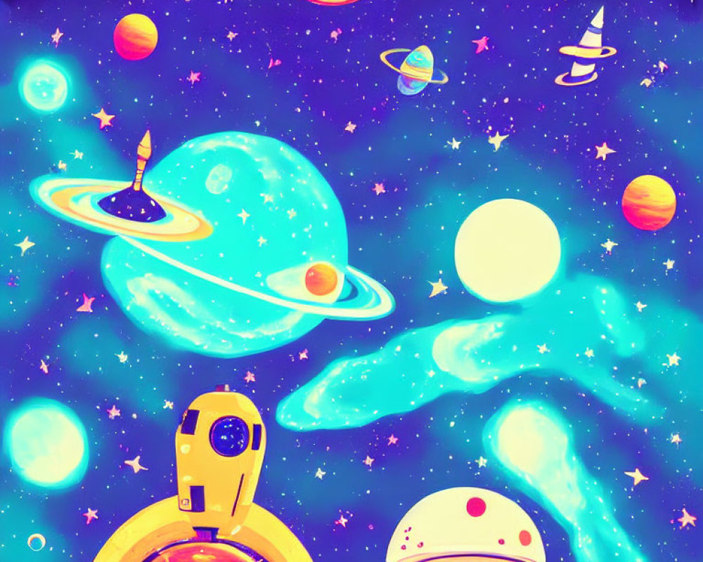 Colorful Space-Themed Illustration with Stars, Astronaut, and Spacecraft