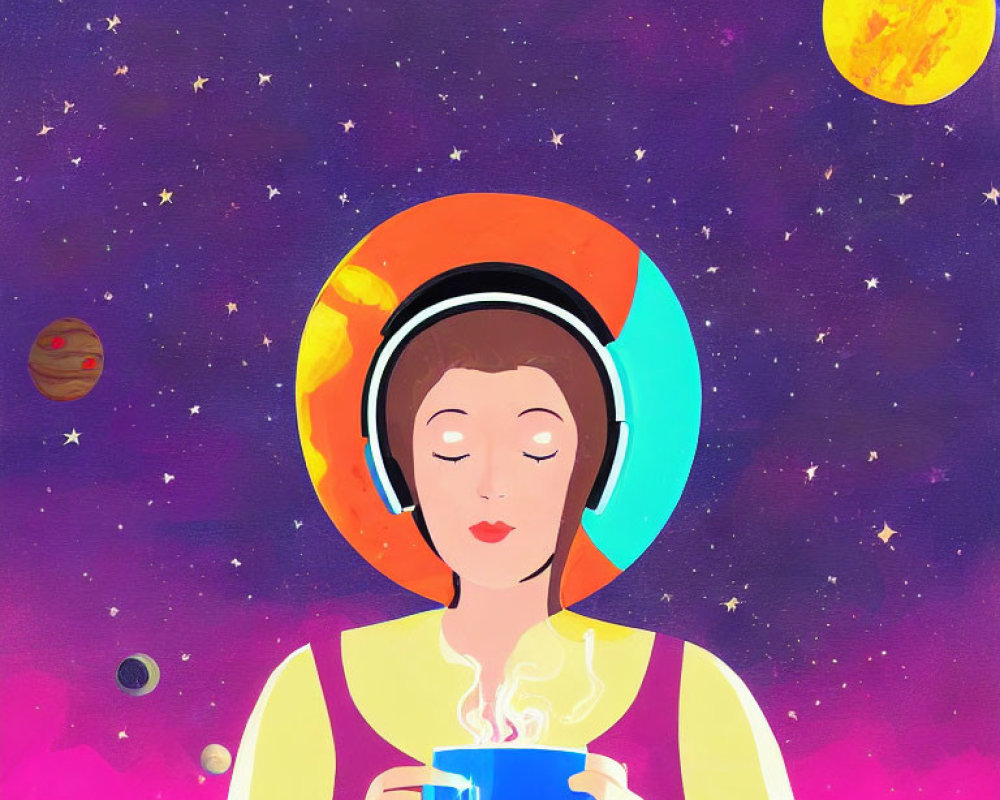 Person in spacesuit savoring hot drink in cosmic setting