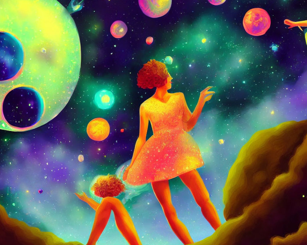 Colorful digital art: Woman in glittery dress reaching for planets and stars in cosmic scene