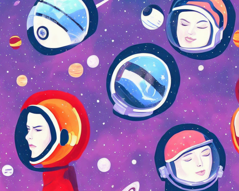 Stylized astronauts in helmets among planets on purple space background