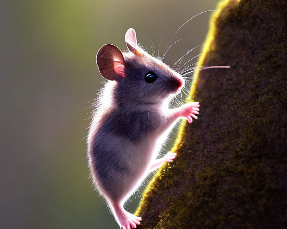 Stylized digital illustration of cute mouse on mossy surface