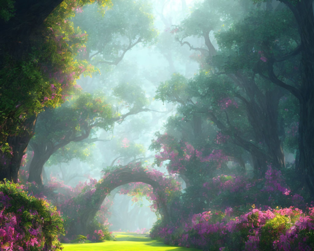 Misty forest with arch-shaped tree tunnel and pink flowers