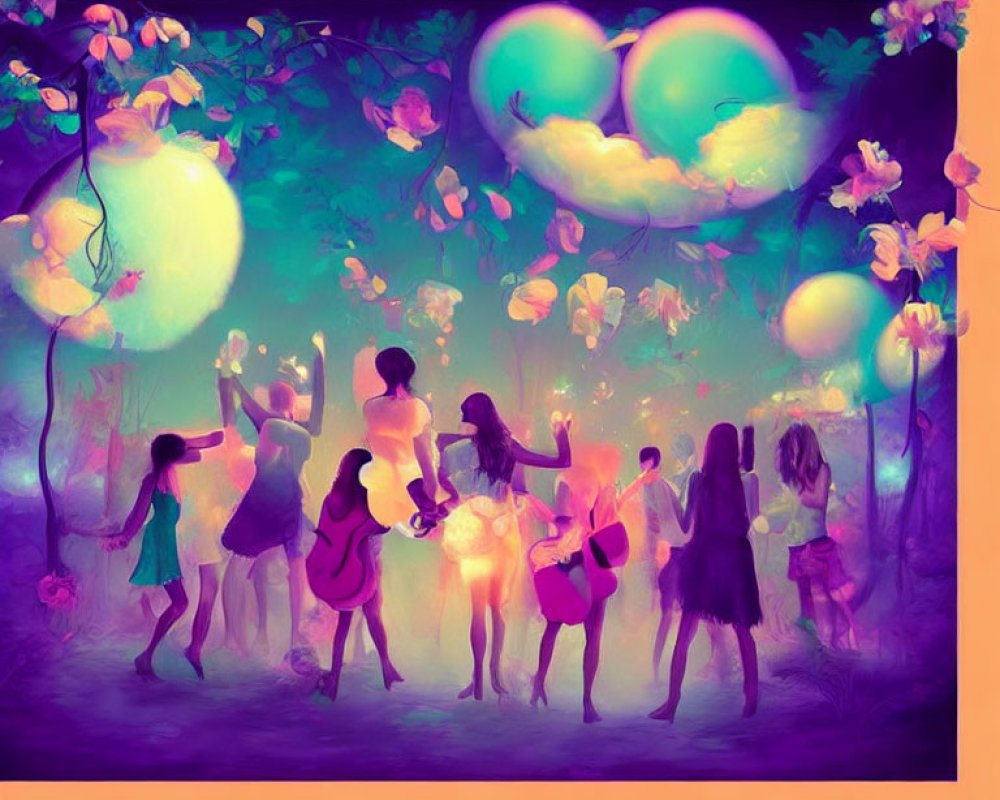 Silhouetted figures dancing under glowing balloons in violet-hued forest