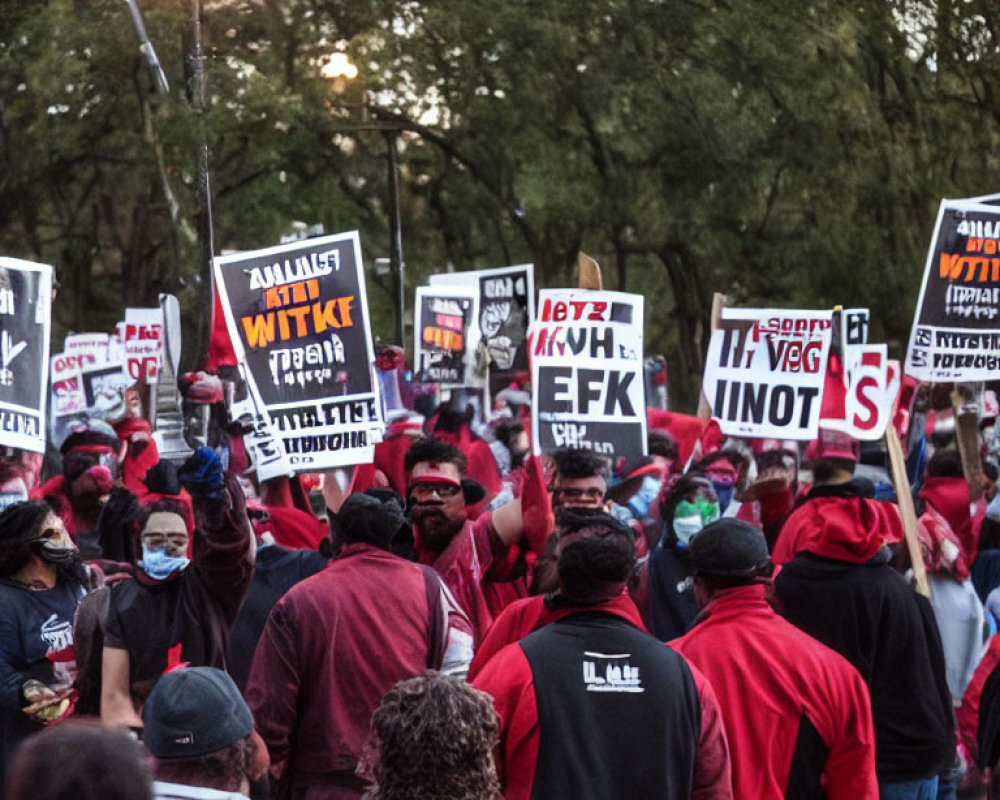 Protesters in Masks and Red Attire with Signs Gather at Dusk