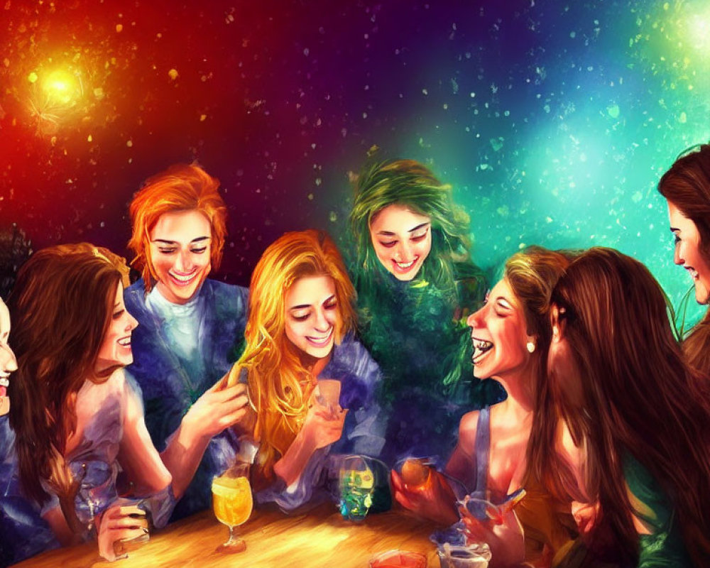 Colorful illustration: Friends laughing around table under starry sky