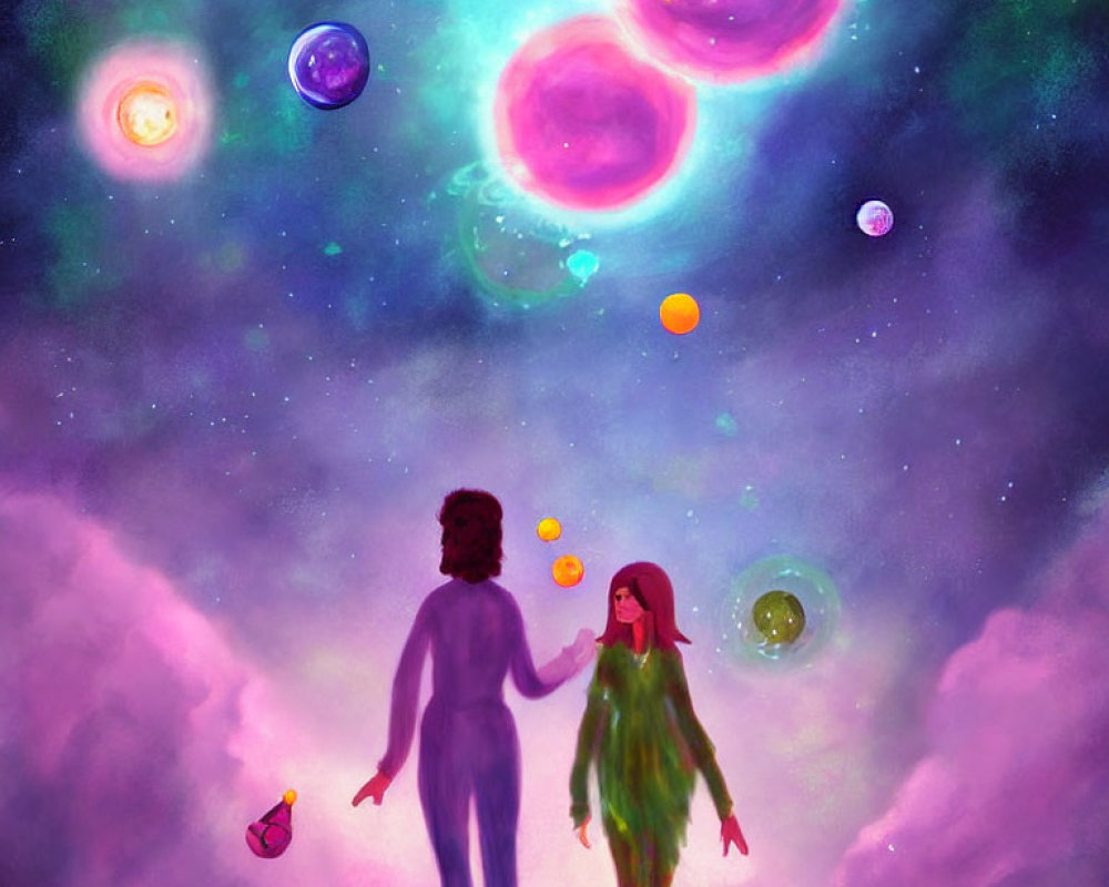 Silhouetted figures in vibrant cosmic scene with colorful planets and stars.