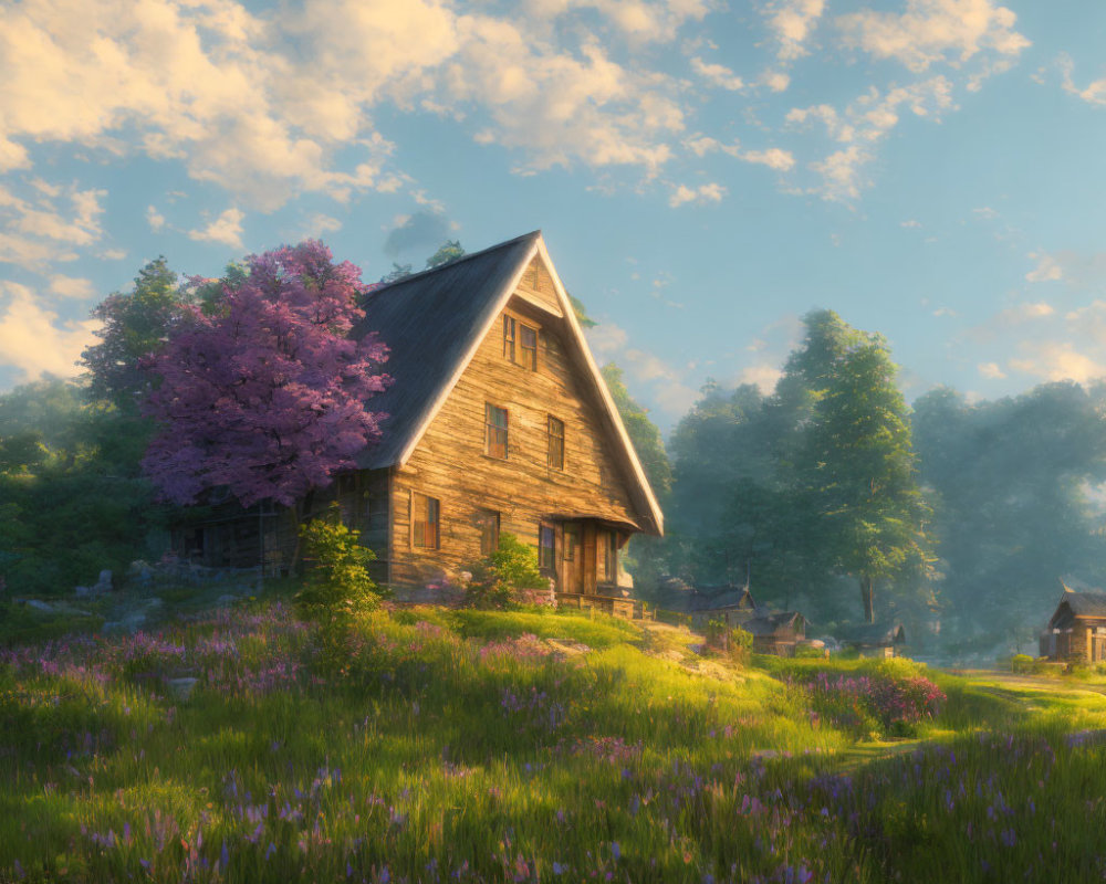 Wooden cabin in blooming meadow at sunrise with purple tree