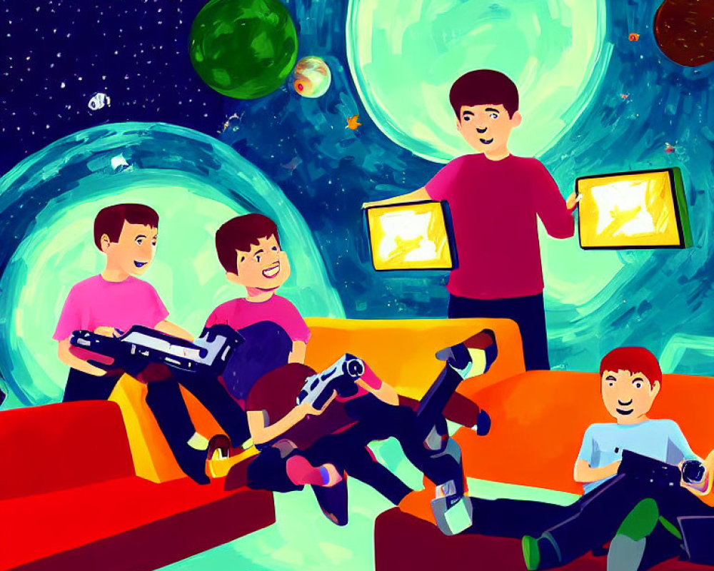 Children playing with video games and toys in a colorful space-themed room