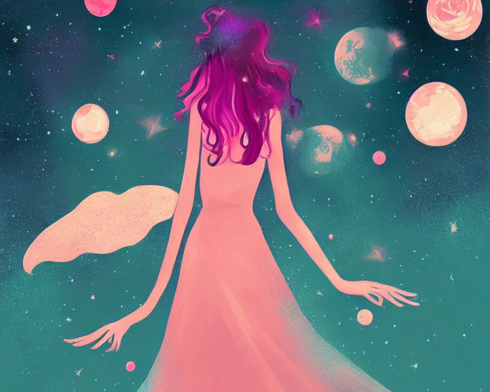 Illustration: Woman in pink dress reaching celestial bodies in starry sky