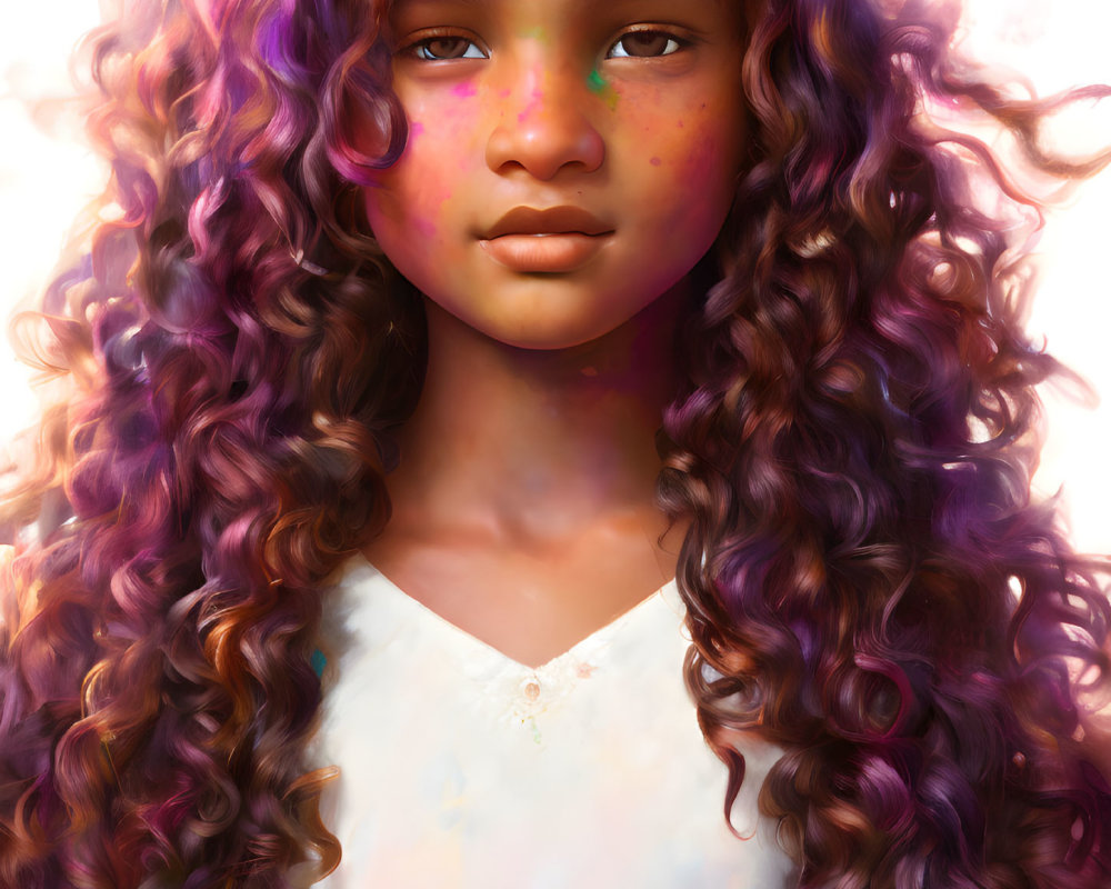 Vibrant digital portrait: young female with long, curly purple hair and light freckles