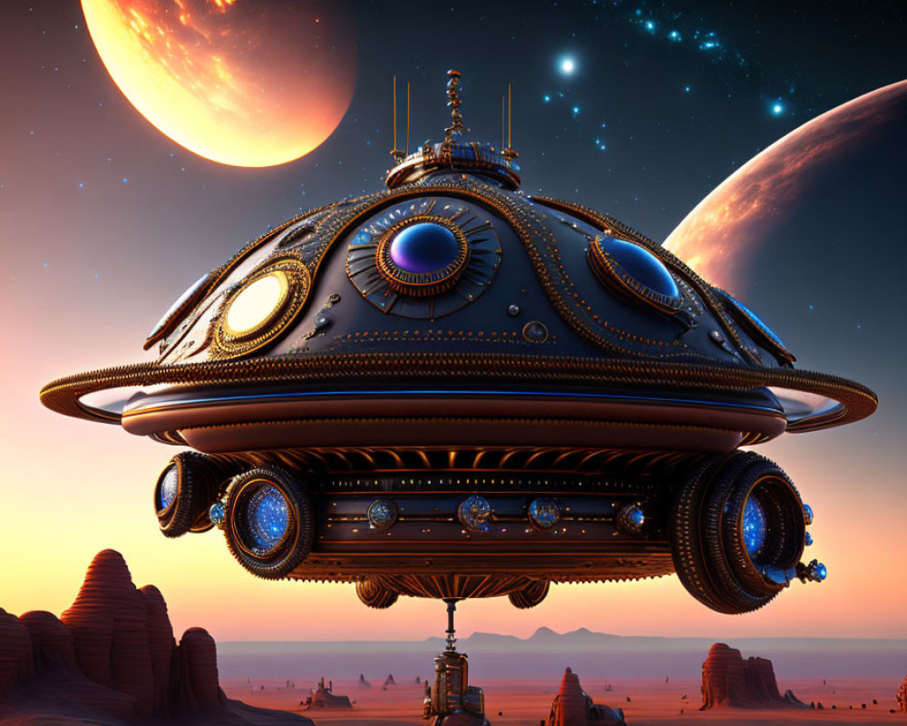 Steampunk-style spaceship over desert landscape with celestial bodies at dusk