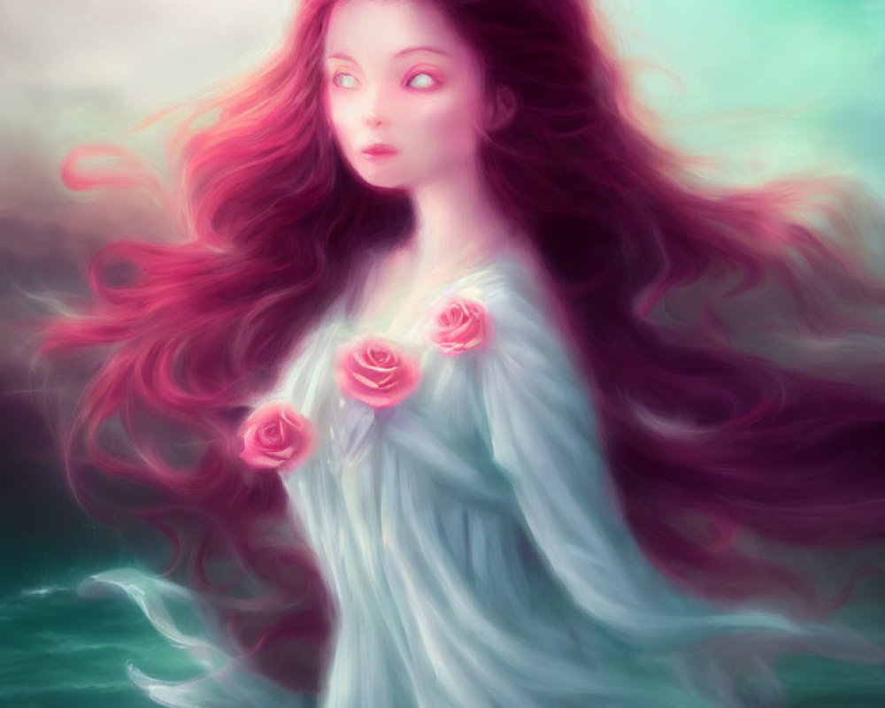 Whimsical artwork featuring woman with burgundy hair and roses on teal and pink background