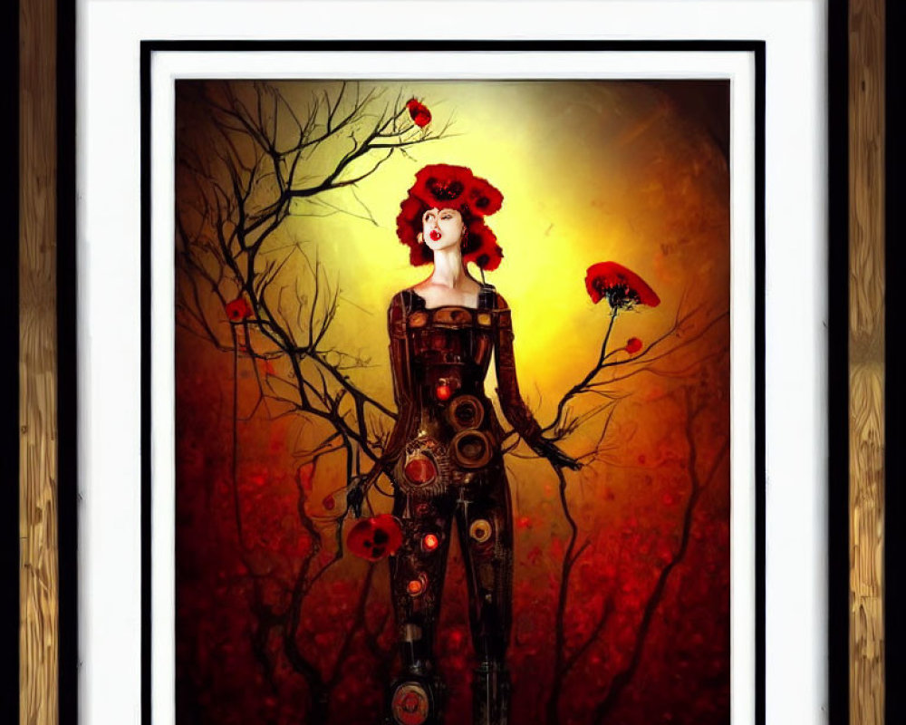 Stylized woman with tree-like features adorned with red flowers and fruits in a framed artwork