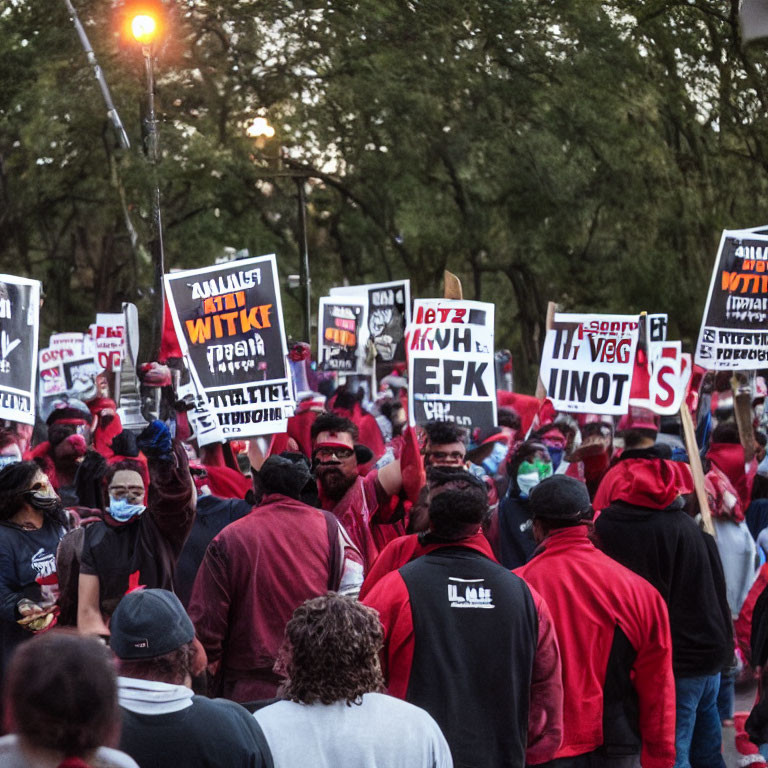 Protesters in Masks and Red Attire with Signs Gather at Dusk