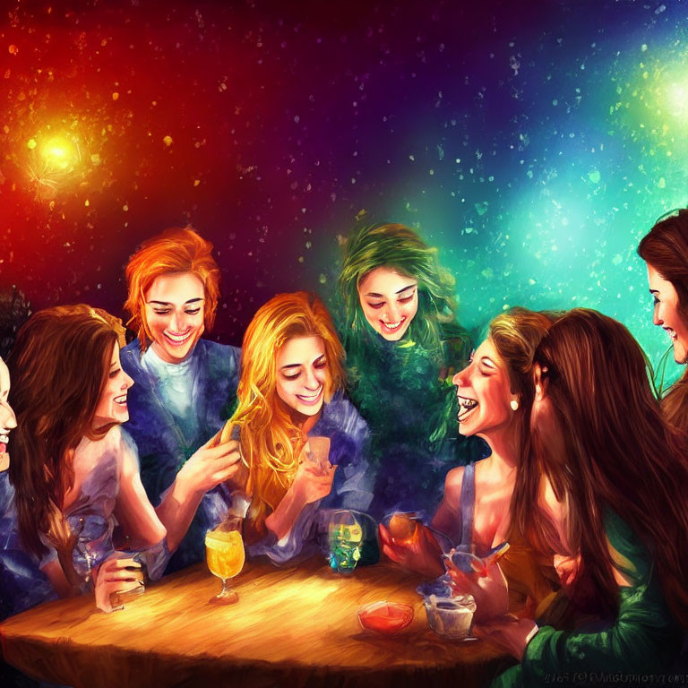 Colorful illustration: Friends laughing around table under starry sky