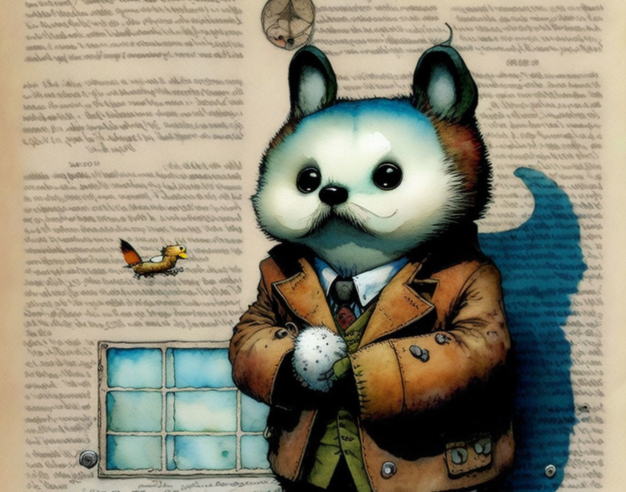 Anthropomorphic cat in brown coat with bird on handwritten manuscript background