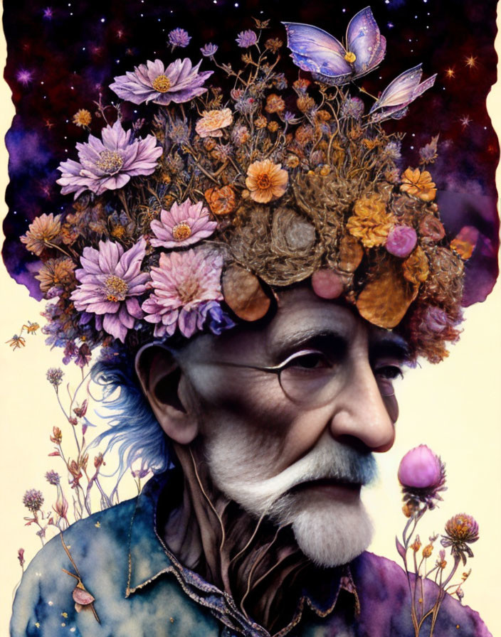 Elderly man with beard in cosmos-themed background and nature blend