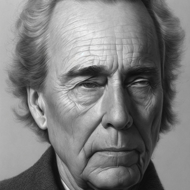 Detailed grayscale sketch of mature man's facial features.