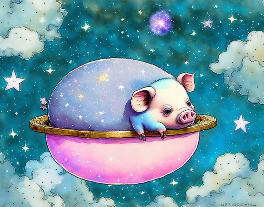 Whimsical illustration of cute piglet on pink and blue orb in dreamy sky