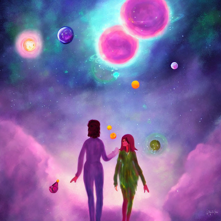 Silhouetted figures in vibrant cosmic scene with colorful planets and stars.