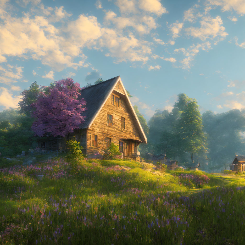 Wooden cabin in blooming meadow at sunrise with purple tree