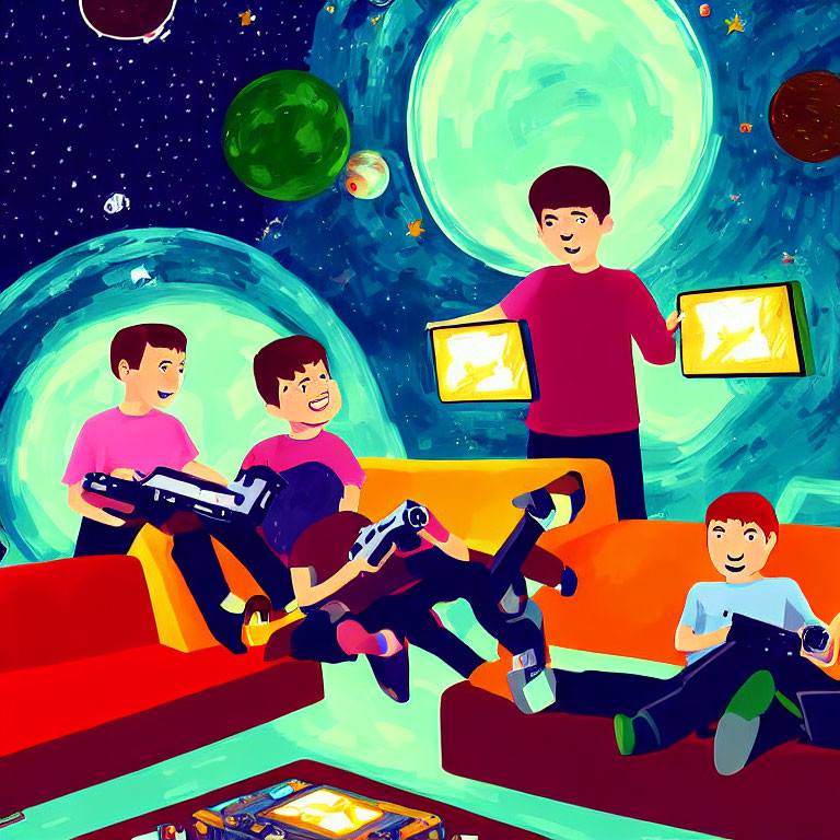 Children playing with video games and toys in a colorful space-themed room