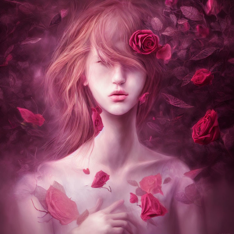 Person with closed eyes surrounded by swirling pink roses and flowers in hair