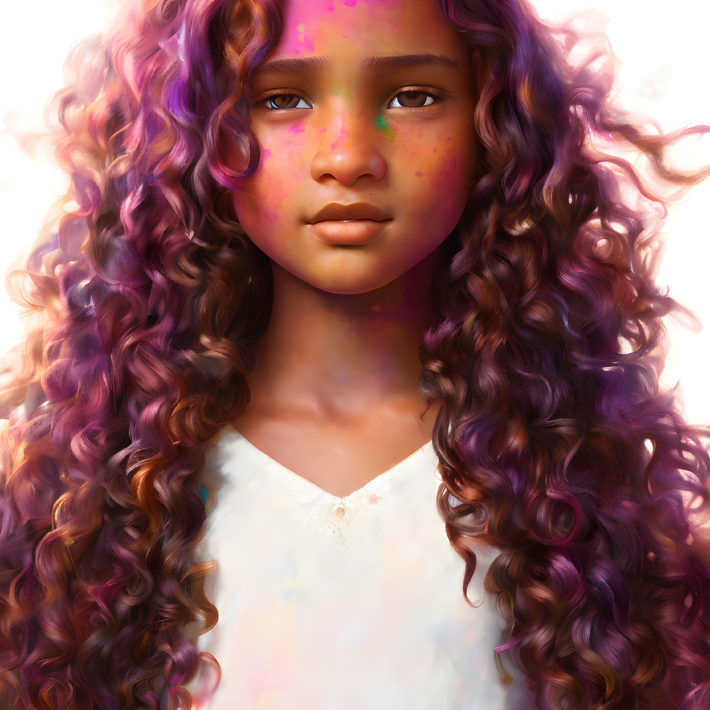 Vibrant digital portrait: young female with long, curly purple hair and light freckles