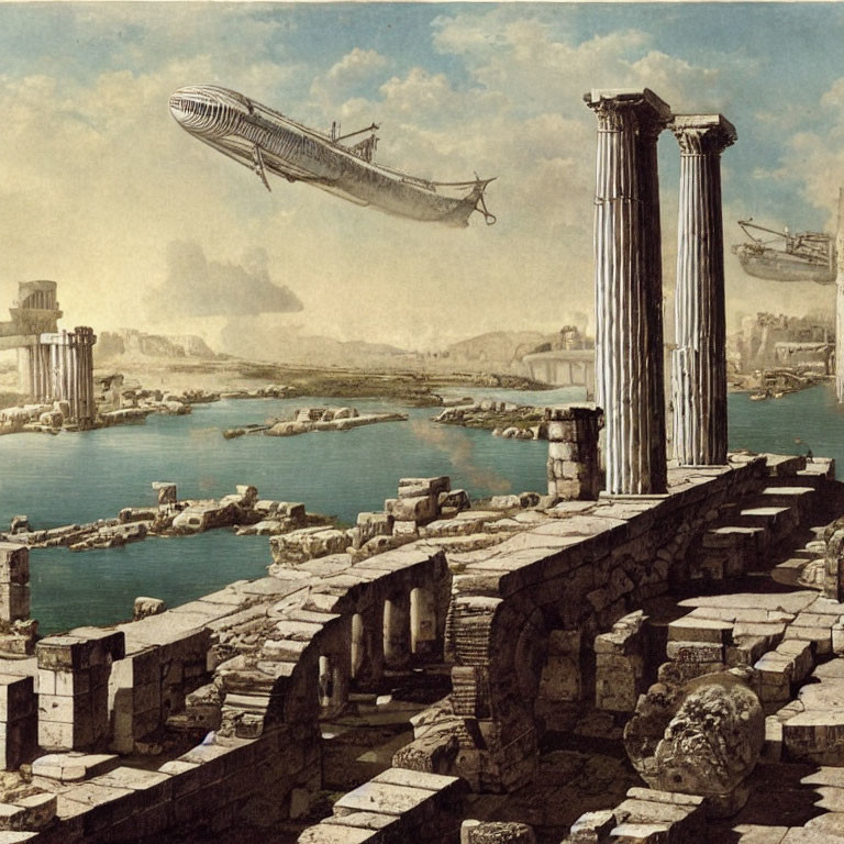 Ancient city ruins with broken columns by water and airships in clear sky