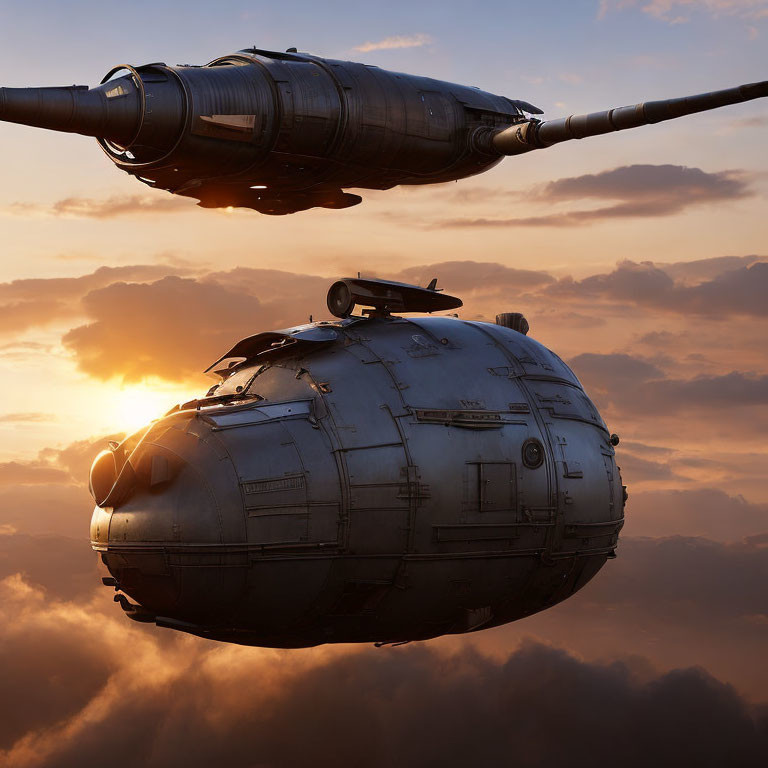 Futuristic spherical aircraft with protruding engines in sunrise/sunset sky