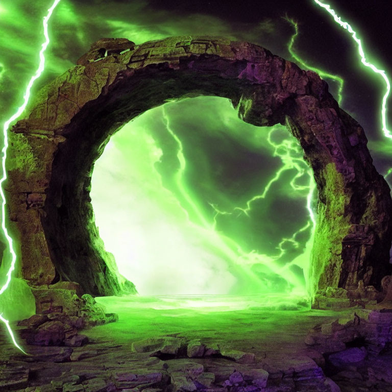 Rocky Arch with Vibrant Green Lighting and Dynamic Lightning Background