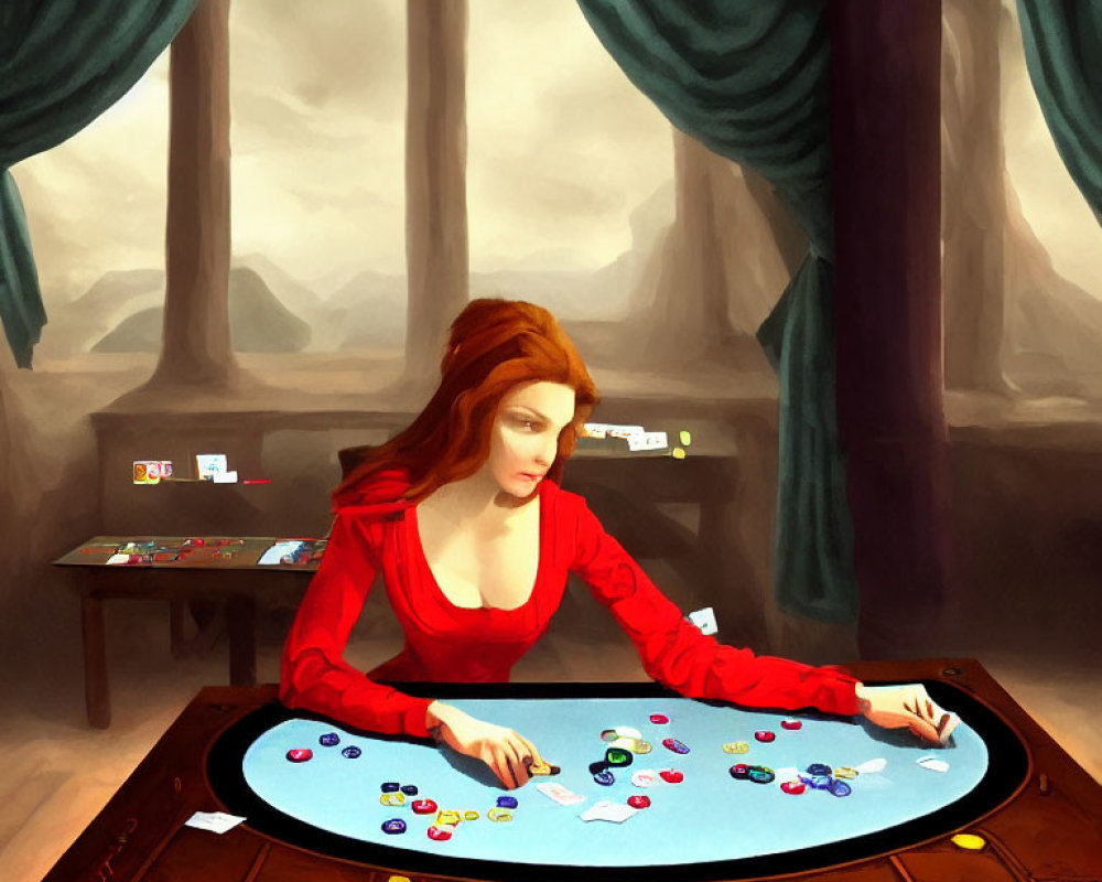 Woman in red top at circular table with casino chips and cards in misty landscape.